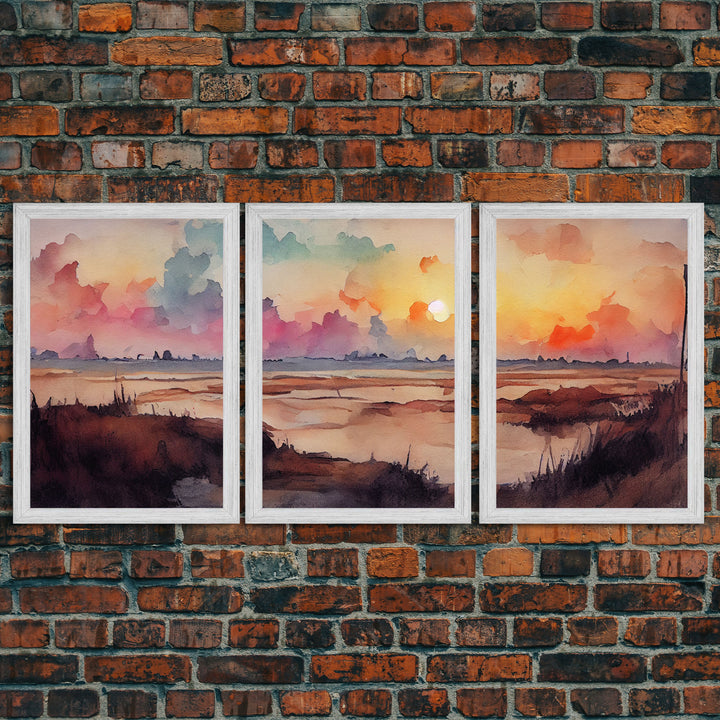 Watercolor of a beach at sunset, Abstract Lakehouse Wall Decor, 3 Piece Canvas Decor, 3 Piece Wall Art, Ready To Hang Canvas Prints
