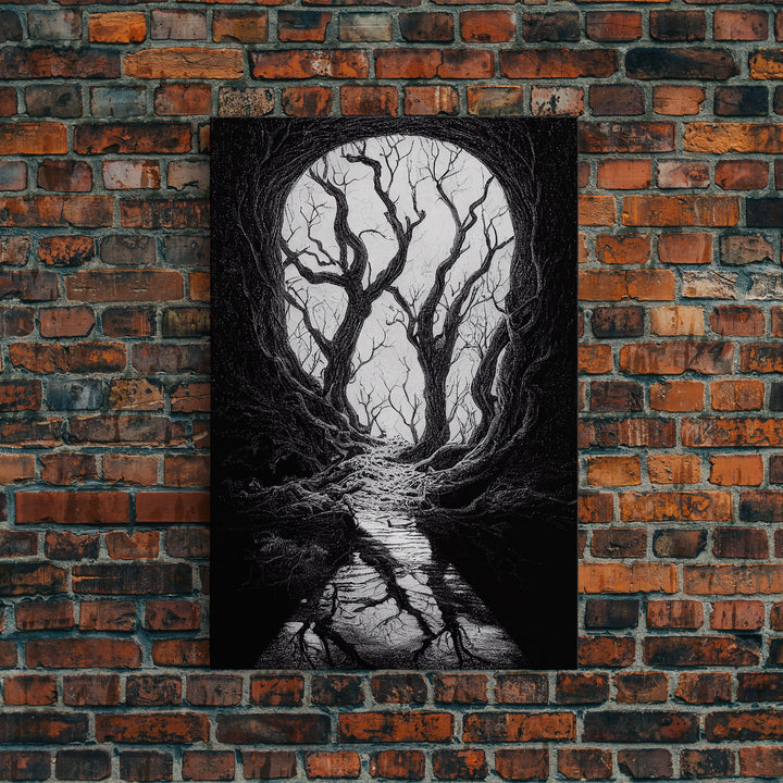 Spooky Haunted Halloween Forest, Black and White Art, Framed Canvas Print, Ready To Hang Framed Wall Art, Living Room Wall Hanging