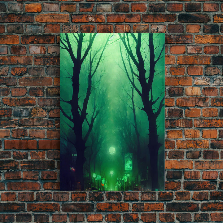 Emerald green city streets under a full moon, cool spooky art, framed canvas print