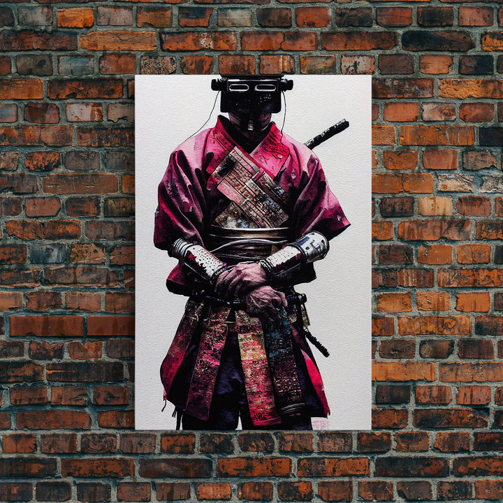 Portrait of a Cyberpunk Samurai with Cybernetic augments, Framed Canvas Print, Ready To Hang Framed Wall Art