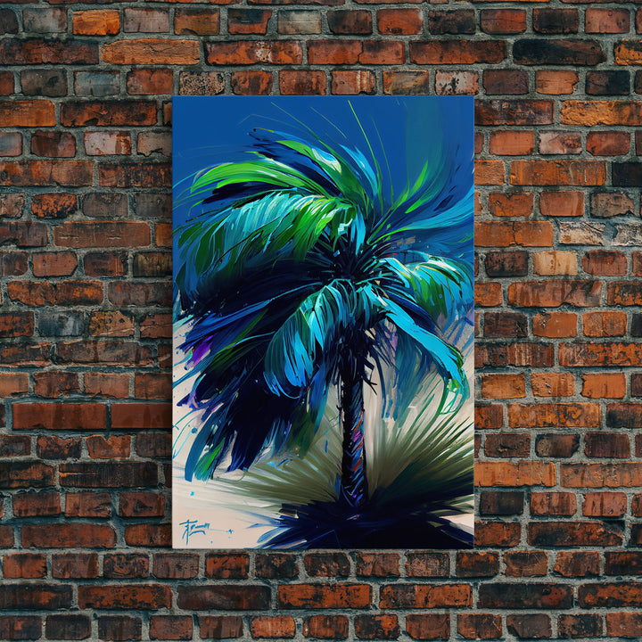 Vibrant Blue and Green Palm Tree Watercolor Canvas Print - Tropical Wall Art Home Decor Artwork