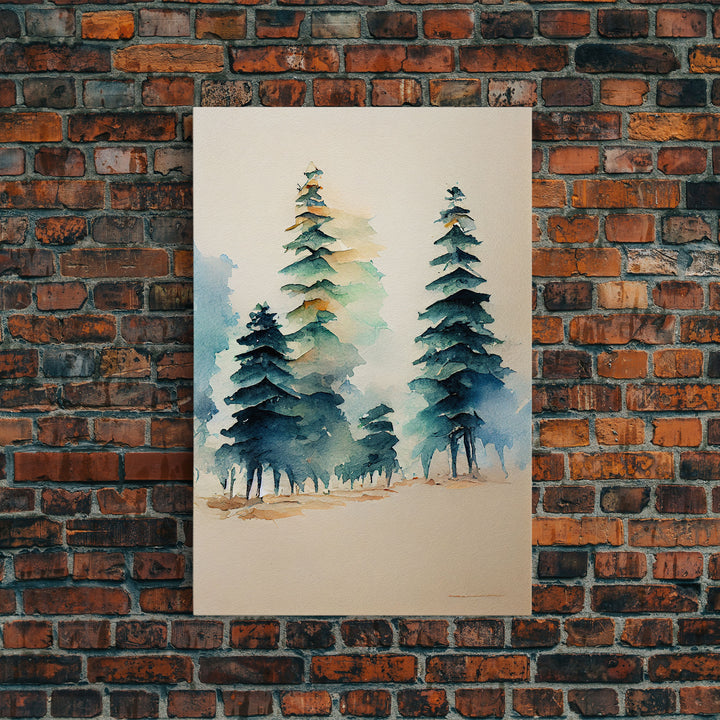 Mysterious Pine Tree Forest Watercolor Canvas Print - Nature Wall Art Home Decor Artwork, Framed Canvas Print