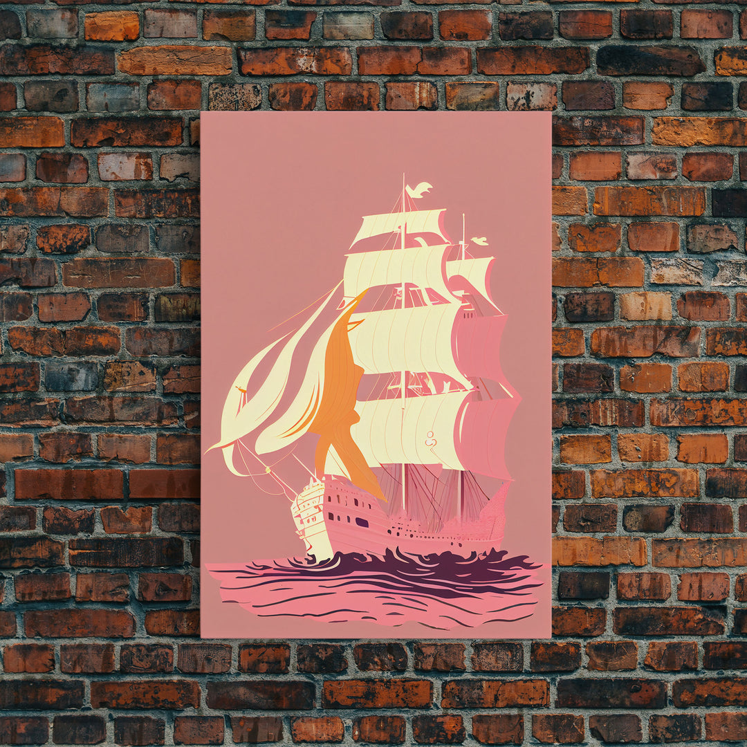 Pastel pirate ship, pink boat, vaporwave pirate ship, framed canvas print, framed wall art