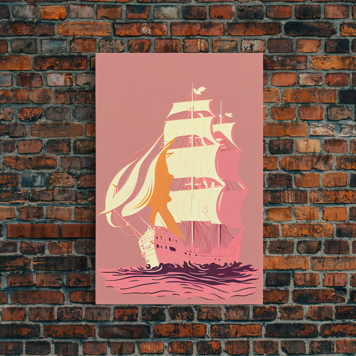 Pastel pirate ship, pink boat, vaporwave pirate ship, framed canvas print, framed wall art