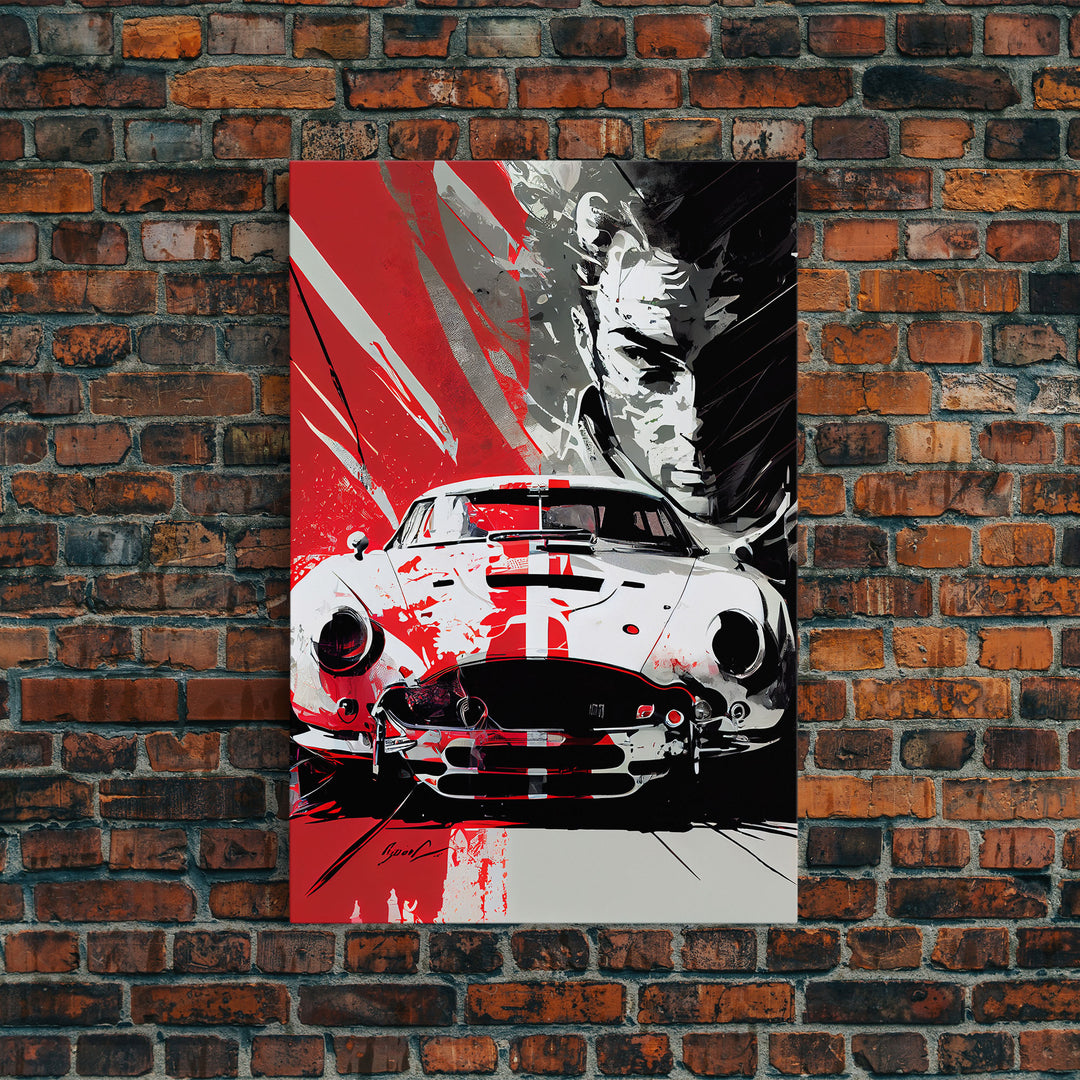 Vintage sports car graffiti art, framed canvas print, wall decor, mancave art