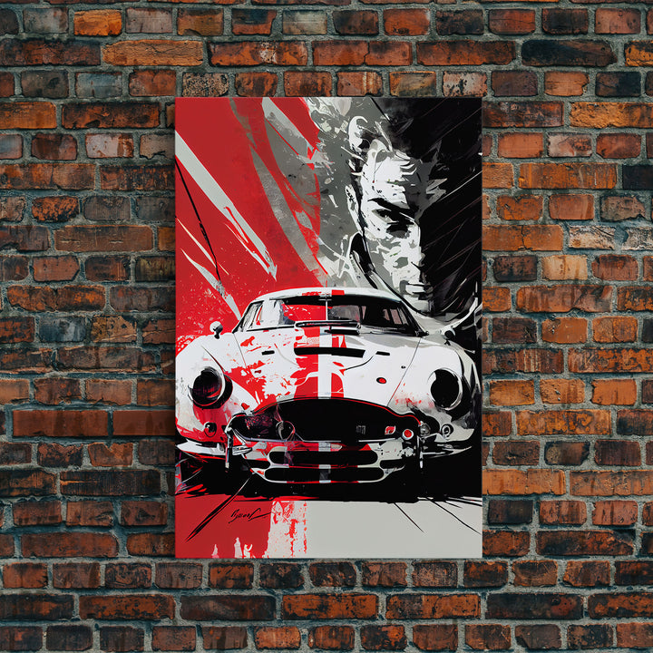 Vintage sports car graffiti art, framed canvas print, wall decor, mancave art