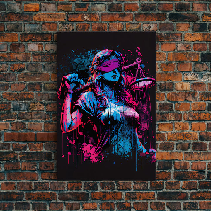Graffiti art, lady justice, vaporwave cyberpunk justice is blind, fine art poster print