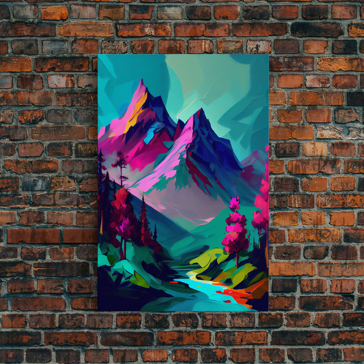 Vibrant Vaporwave Mountain Watercolor Wall Art Canvas Print - Colorful Nature Scene Artwork