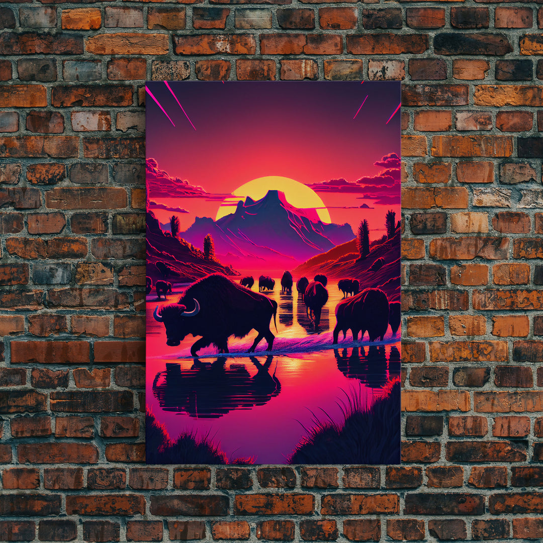 North American Buffalo at Sunset, Western Decor, framed canvas print, bison art, primitive farmhouse decor