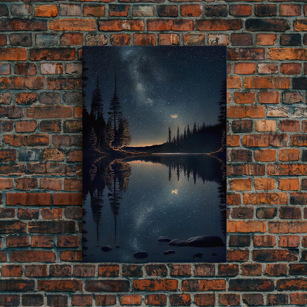 Reflections of a starry night sky over the lake, lakehouse art, beautiful framed canvas print