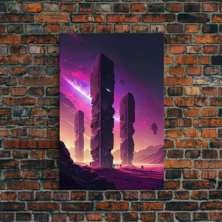 The Monoliths, Scifi art, retro synthwave style alien planet art, framed canvas print