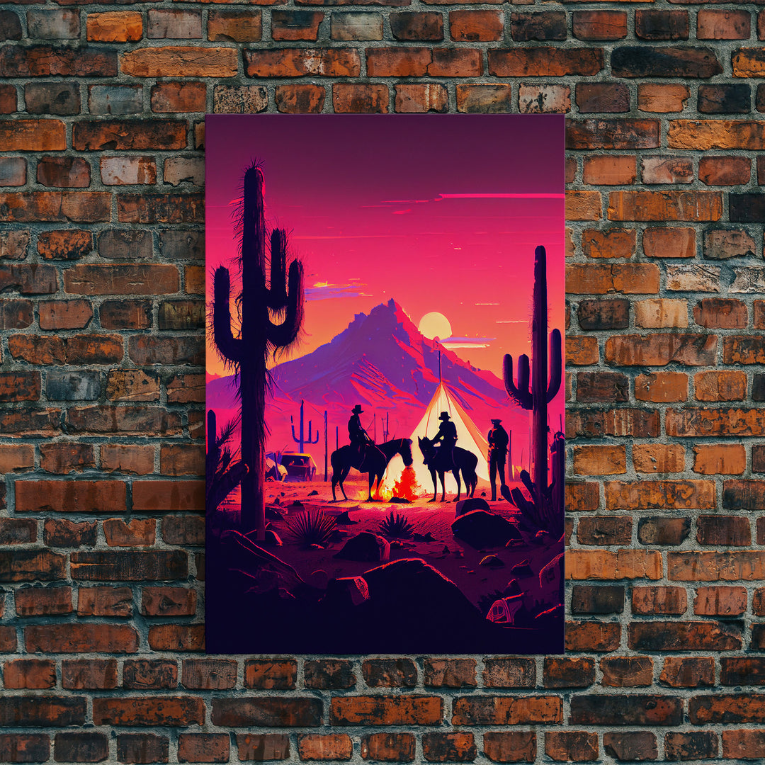 Wild West Outlaw decor, camping in the Arizona desert, Cactus art, framed canvas print