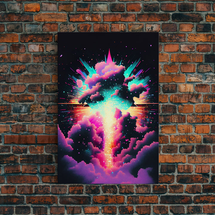 Color Pop Explosion, Vintage style art, framed canvas print, vaporwave aesthetic cloud art