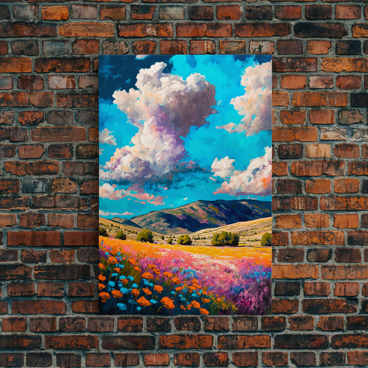 Watercolor Cloudy Day, Fields of Flowers, Framed Canvas Print, Colorful Wall Art, Minimalist Boho Style Wall Art