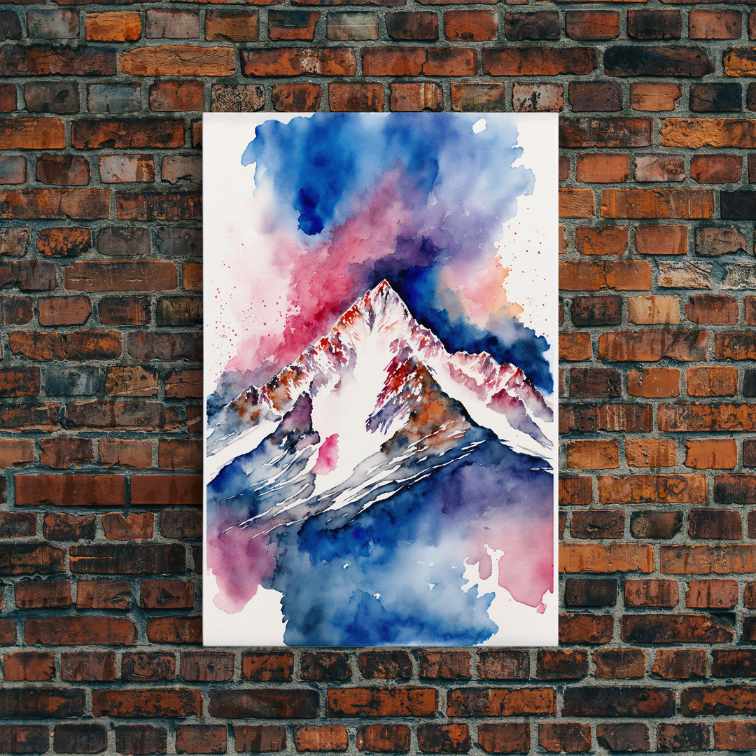 Red, White and Blue Mountain Landscape Watercolor, Framed Canvas Print, Colorful Unique Wall Art