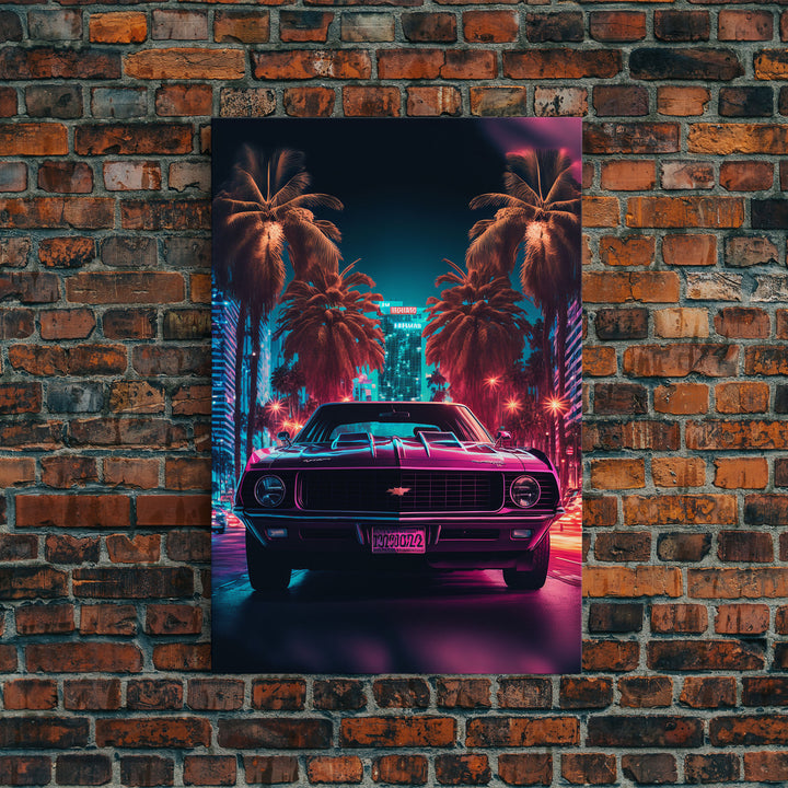 American Muscle Car on Sunset Strip, Retro Synthwave Art, Framed Canvas Print, Gift For Him, Muscle Car Art