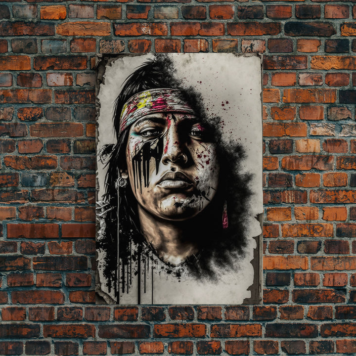 Brutal Graffiti Art, Native American Warriors Portrait, Framed Canvas Print