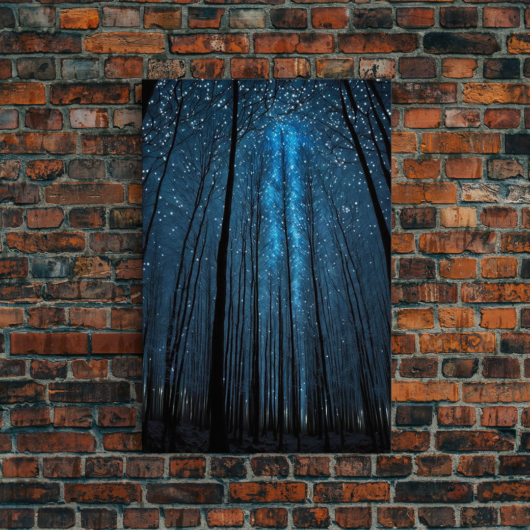 Birch Tree Forest At Night, Starry Night Sky, Framed Canvas Print, Boho Minimalist Farmhouse Decor, Primitive Art