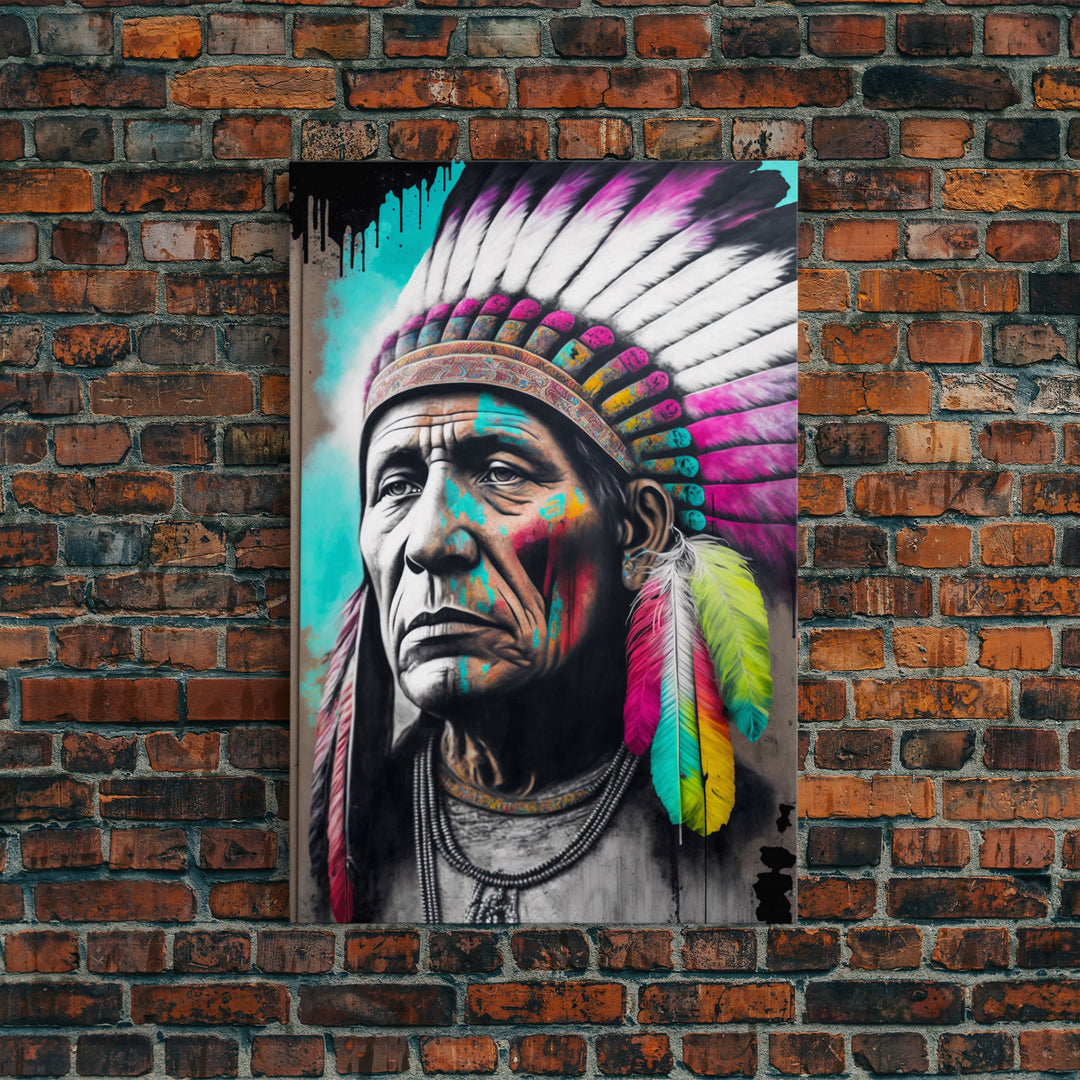 The Warrior, Native American Chief, Graffiti Art Portrait, Framed Canvas Print, Rainbow Feather Mohawk, Pop Art Portrait