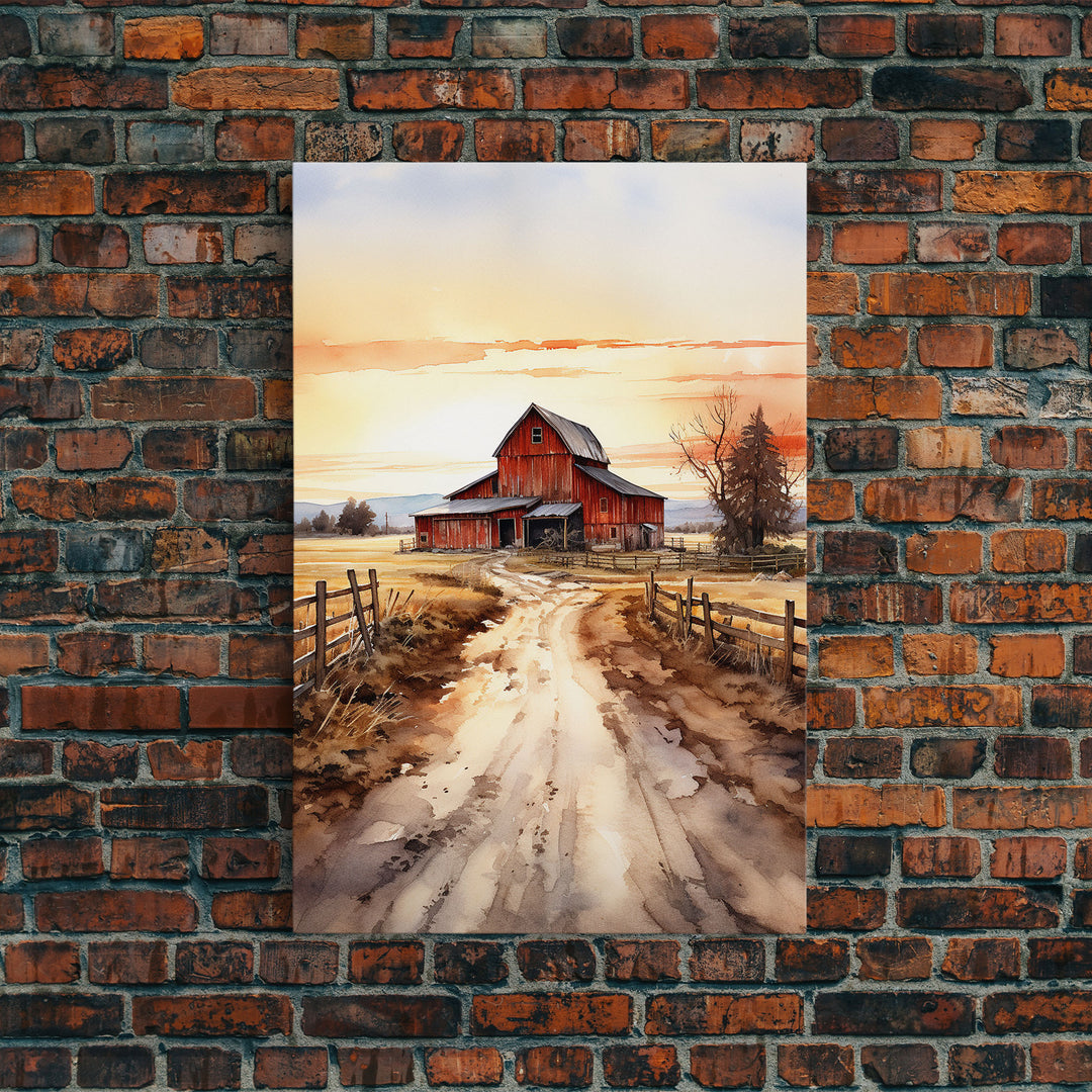 Sunset Over A Red Barn, Watercolor Painting Canvas Print, Country Poster Art,  Framed Canvas, Country Roads, Rustic Farmhouse Decor