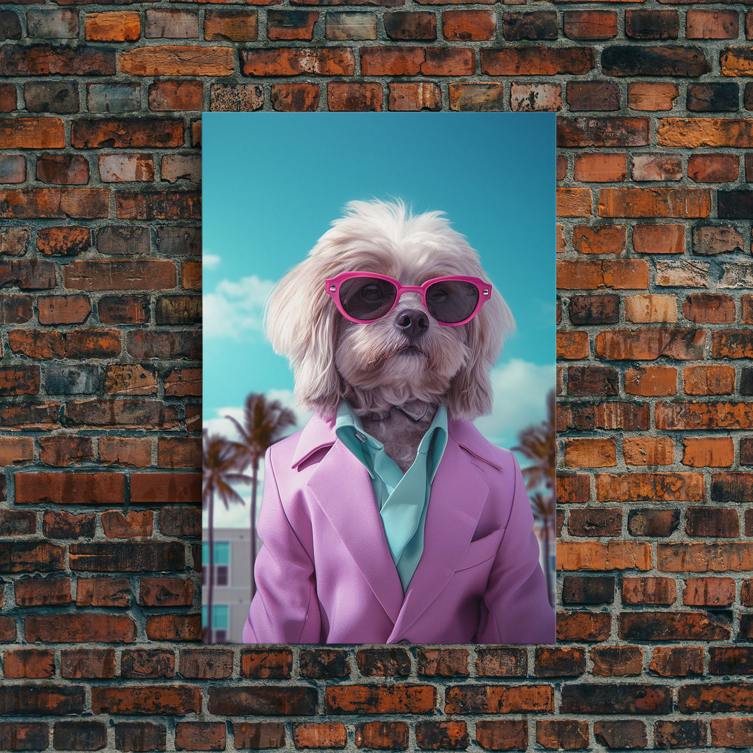 Shih Tzu Wall Print, Dog Wall Art, Dog Sunglasses, Pink Teal Suit, Funny Wall Art, Framed Wall Art, Framed Canvas, Wall Print, Wall Canvas