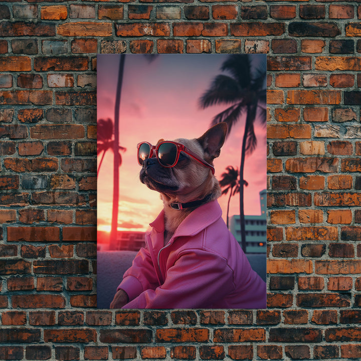 Pug Wall Print, Dog Wall Art, Dog Sunglasses, Dog In Pink Jacket, Funny Art, Framed Wall Art, Framed Canvas, Wall Print, Wall Canvas