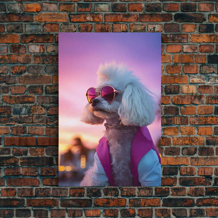 Poodle Wall Print, Dog Wall Art, Dog Sunglasses, Dog In Pink White Suit, Funny Art, Framed Wall Art, Framed Canvas, Wall Print, Wall Canvas