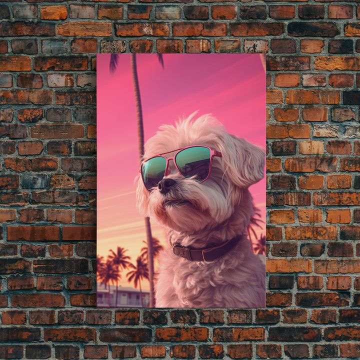 Shih Tzu Wall Print, Dog Wall Art, Dog Sunglasses, Palm Trees, Sunset, Funny Art, Framed Wall Art, Framed Canvas, Wall Print, Wall Canvas