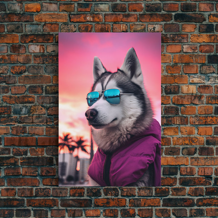 Siberian Husky In Pink Jacket Sunglasses Wall Print, Dog Art Print, Dog Portrait, Framed Wall Art, Framed Canvas, Wall Print, Wall Canvas