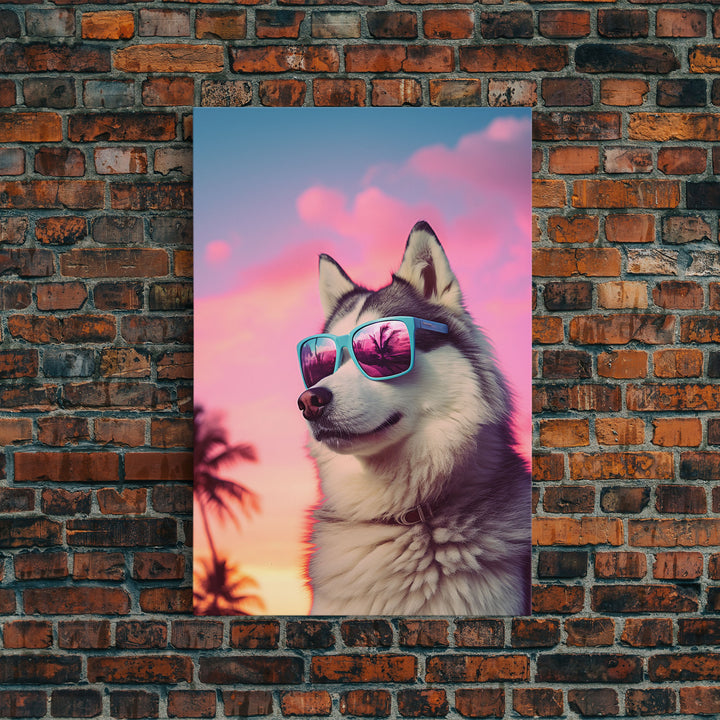 Siberian Husky In Pink Sunglasses Wall Print, Dog Art Print, Dog Portrait, Framed Wall Art, Framed Canvas, Wall Print, Wall Canvas