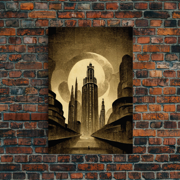 Dystopian Metropolis Art Deco Canvas Print, City Skyline, Fantasy Art, Art Deco Living Room Art, ready to hang wall art