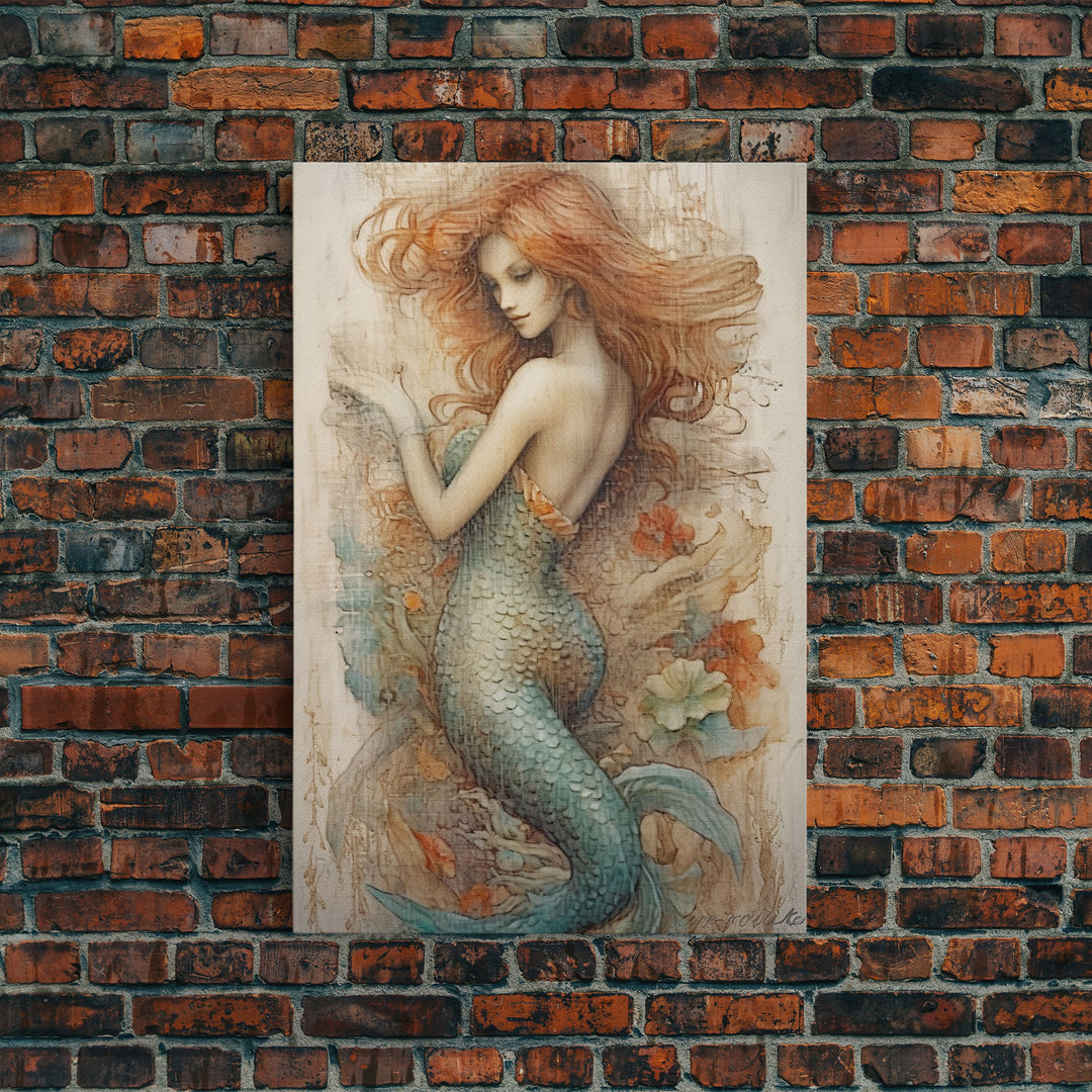 Fancy Mermaid Wall Art, 24" x 36" Canvas Print, French Style Poster Wall Art, Vintage Wall Hanging, Coastal Bathroom Decor