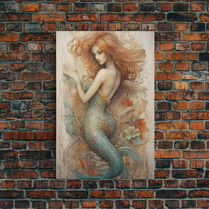 Fancy Mermaid Wall Art, 24" x 36" Canvas Print, French Style Poster Wall Art, Vintage Wall Hanging, Coastal Bathroom Decor