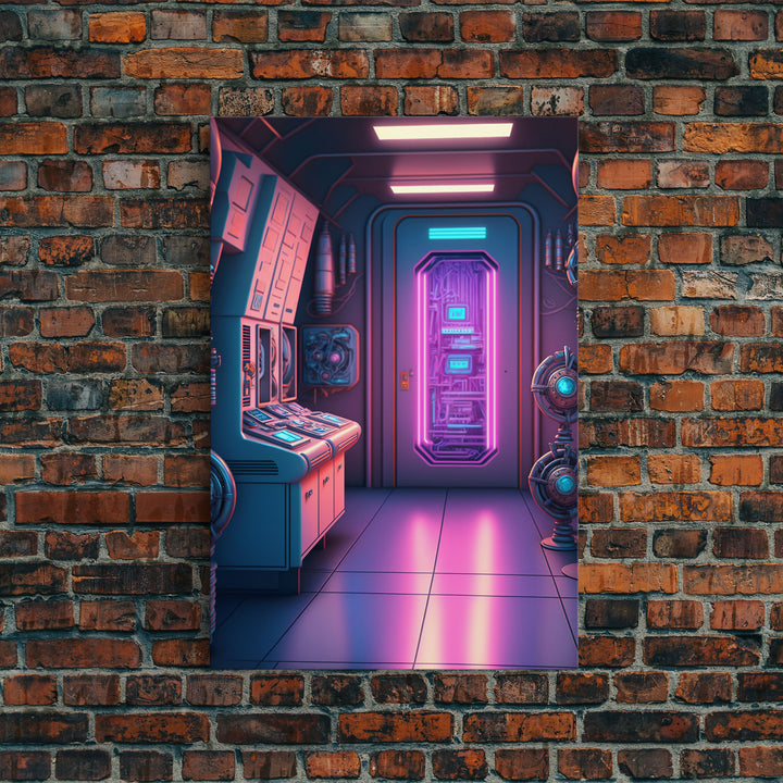 Vaporwave Futuristic Cyberpunk Space Ship Control Room, Framed Canvas Print, Scifi Art