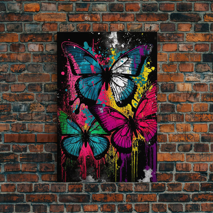 Graffiti Butterfly Art, Framed Canvas Print, Large Wall Art, Contemporary Punk Art, Butterflies, Pop Art, Paint Splatter Art