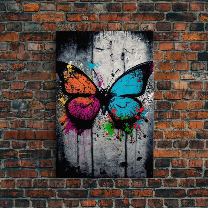 Graffiti Butterfly Art, Framed Canvas Print, Large Wall Art, Contemporary Punk Art, Butterflies, Pop Art, Paint Splatter Art