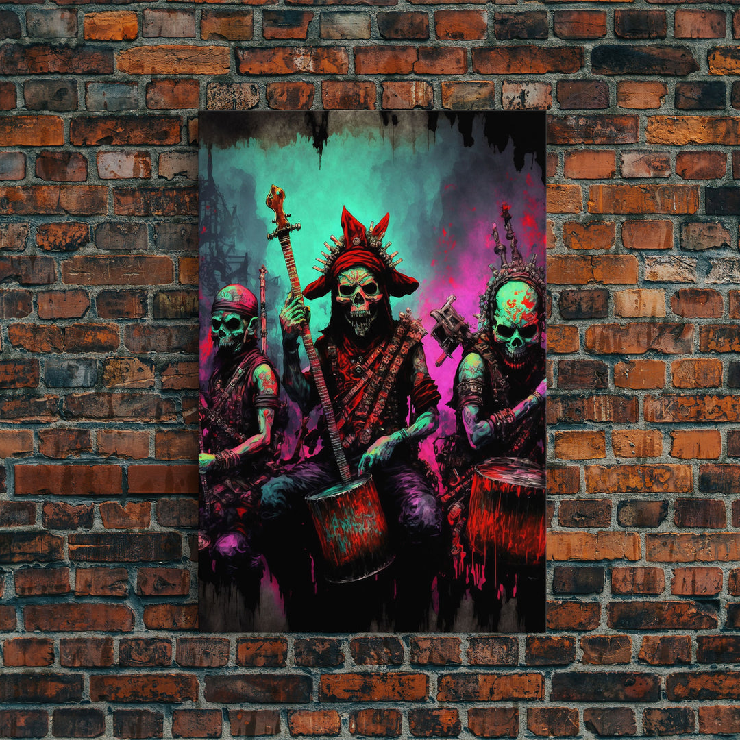 Death Metal Skeletons, Medieval Heavy Metal Undead Band Art, Framed Canvas Print, Unique Office Large Wall Art, Mancave Art