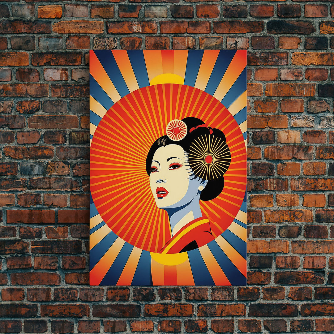 Portrait of a Geisha, Pop Art Style, Art Deco Sunburst, Framed Canvas Print