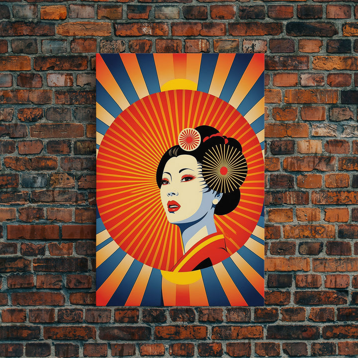 Portrait of a Geisha, Pop Art Style, Art Deco Sunburst, Framed Canvas Print