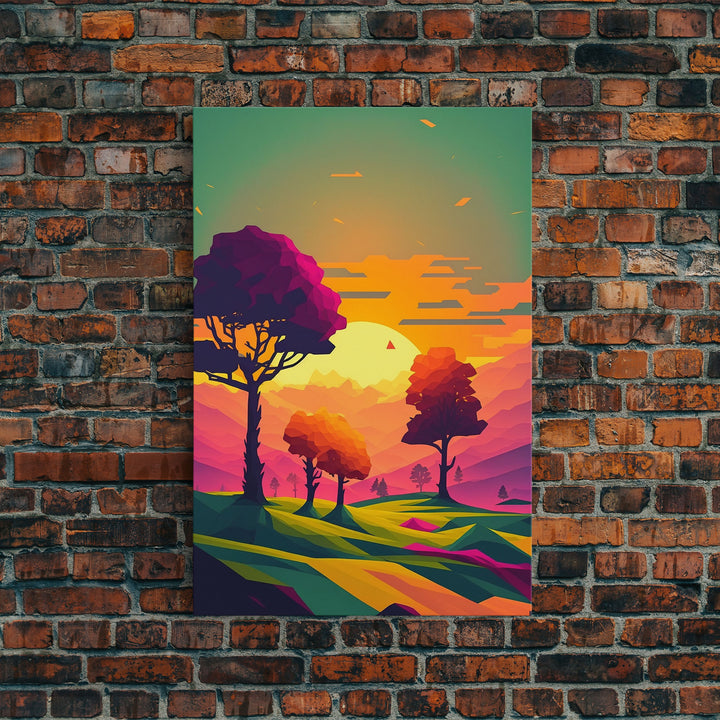 Retro Pop Art Landscape Art At Sunset, Framed Canvas Print, Outrun Style Trees and Sunset, Living Room Art
