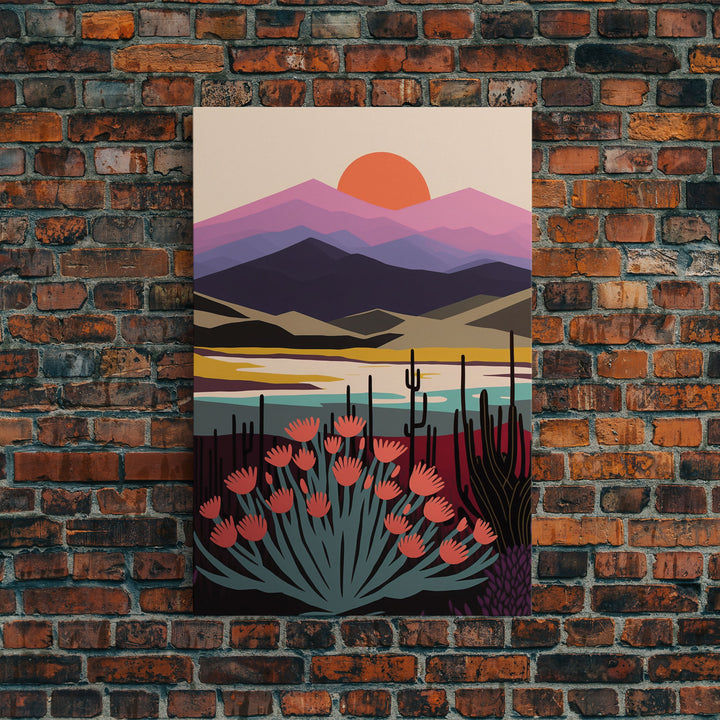 Boho Style Mountain Landscape, Minimalist Art, Sunset Over The Mountains