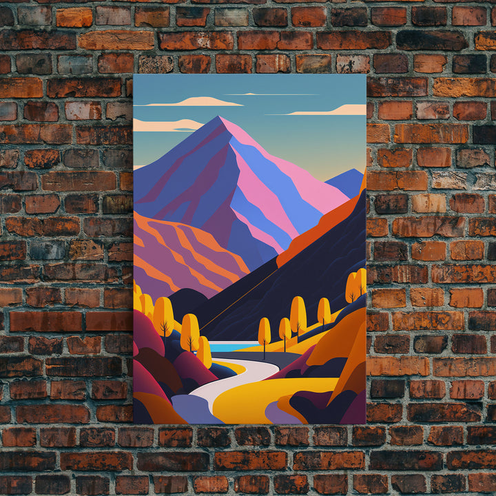 Retro Style Purple Mountain Landscape, Framed Canvas Print, MCM Style Art, Framed Wall Art, Wall Decor, Living Room / Guest Room Art