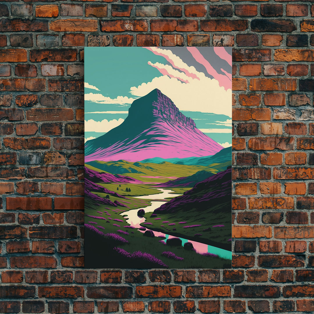 Retro Style Purple Mountain Landscape, Framed Canvas Print, MCM Style Art, Framed Wall Art, Wall Decor, Living Room / Guest Room Art