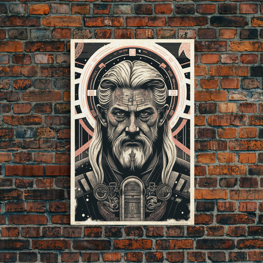 Grunge / Cyberpunk Odin, Norse Mythology, Wall Art, Framed Canvas Print, Futuristic Portrait of Odin