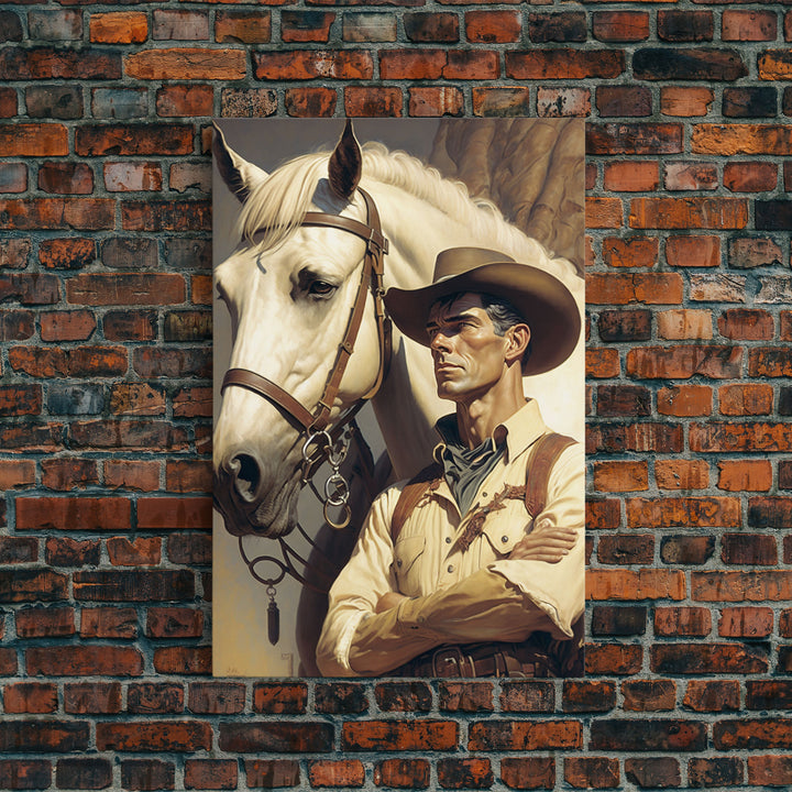 Western Cowboy Painting Canvas Print | Vintage Wall Art | Mid Century Decor | Antique Oil Painting | Moody Print | JC Leyendecker Inspired