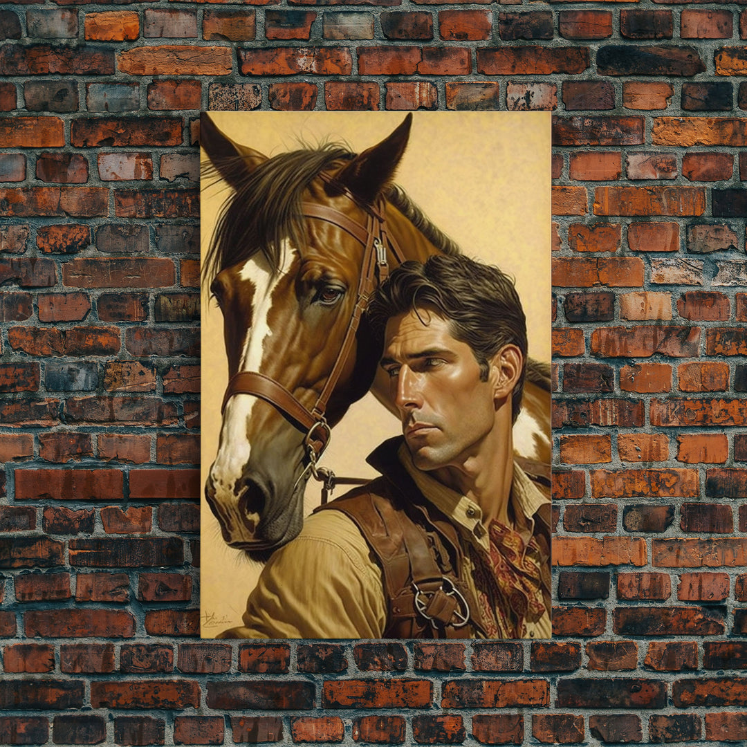 Western Cowboy Painting Canvas Print | Vintage Wall Art | Mid Century Decor | Antique Oil Painting | Moody Print | JC Leyendecker Inspired