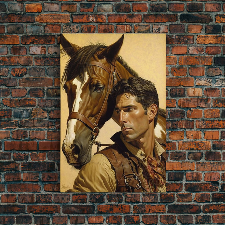 Western Cowboy Painting Canvas Print | Vintage Wall Art | Mid Century Decor | Antique Oil Painting | Moody Print | JC Leyendecker Inspired
