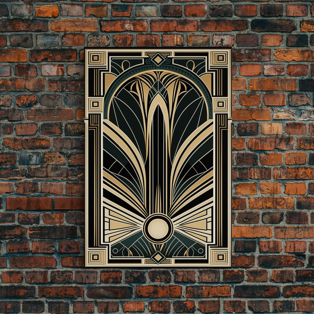 Art Deco Wall art, Framed Canvas Print, Art Deco, Gold & green art, Geometric art, Midcentury Modern, Stained glass art, Office decor