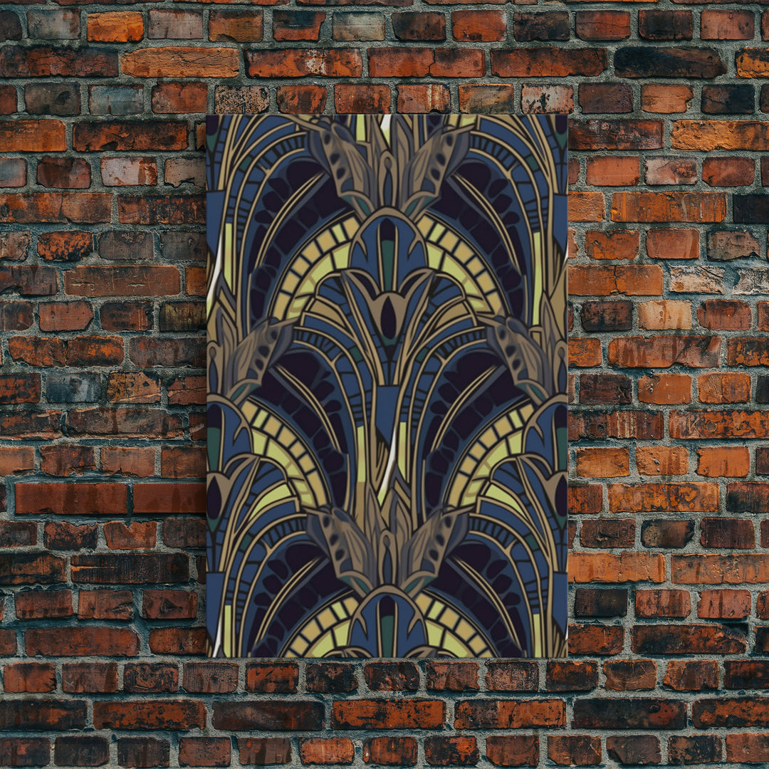 Midcentury Modern Wall art - Framed Canvas Print - Art Deco - Blue colors - Stained glass art - Patterns art - Mosaic art - Living room art