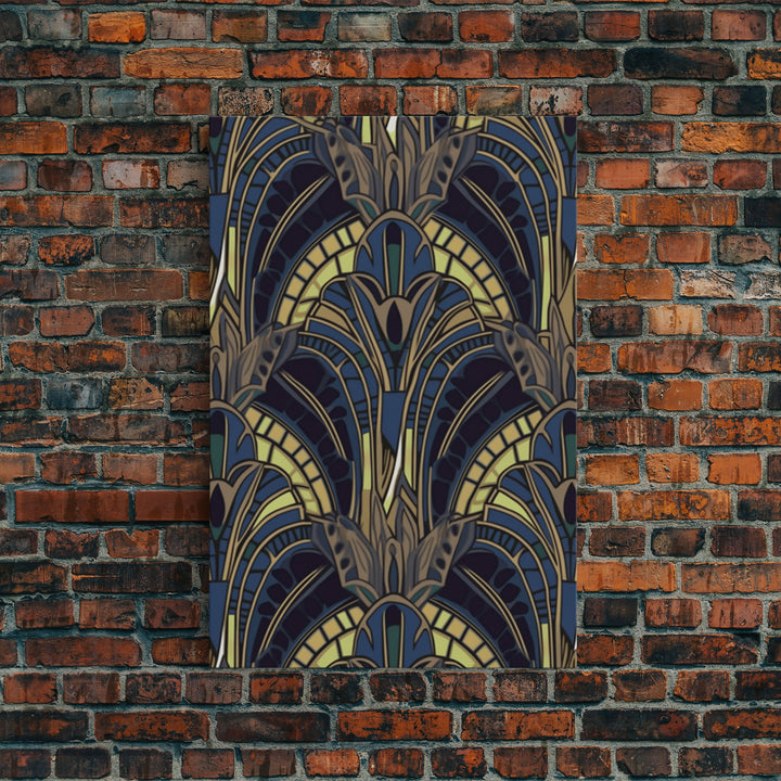 Midcentury Modern Wall art - Framed Canvas Print - Art Deco - Blue colors - Stained glass art - Patterns art - Mosaic art - Living room art